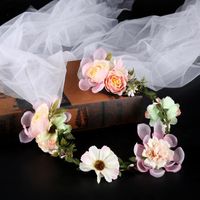 Wholesale Bridal Veils Bohemia Beach Long Veil With Flowers Crown Pink Flower Hand Tulle Edge Embroidery Two Tier Wedding Accessories White