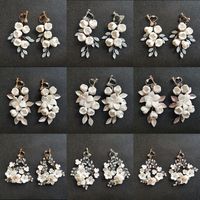 Wholesale SLBRIDAL Handmade Rhinestones Crystals Pearl Ceram Flower Bridal Dangle Wedding Chandelier Earring Fashion Women Jewelry