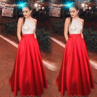 Wholesale Designer Red Prom Dresses Jewel Sleeveless Sparkly Beaded Satin Custom Made Floor Length Evening Party Gowns Formal Occasion Wear Vestidos
