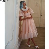 Wholesale Party Dresses YUNUO Peach Organza Prom Short Puff Sleeves Homecoming Dress A Line Midi Robes De Cocktail Evening Gowns For Women