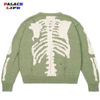 Wholesale Men Oversized Sweater Green Loose Skeleton Bone Printing Woman High Quality Street Damage Hole Vintage Knitted