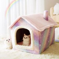 Wholesale Cat Beds Furniture Pink Starry Pet House Warmer Dog Kennel Soft Bed Small Tent Indoor Semi enclosed Plush Sleeping Resting Nest Removable