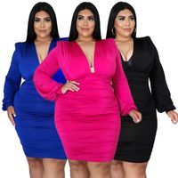 Wholesale Casual Sexy Women Plus Size Dresses Fashion Designer Solid Color Hip Large Sizes Dress V neck Clue for Female L XL XXL XXXL XXXXL
