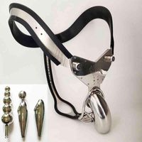 Wholesale NXY Chastity device Male Stainless Steel Silicone Belt Panties Full Enclosed Metal Cock Cage Underwear Device Anal Plug Beads Sex Toys Bdsm1216