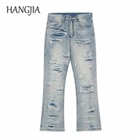Wholesale Hip Hop Distressed Streetwear Ripped Flared Jeans Biker Tailored Embroidered Washed Destroyed Hole Flare Denim Trousers for Men