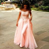 Wholesale Pink Long Lace Evening Dresses Party Plus Size Off Shoulder Tulle Detachable Skirt Train Women Girl Dinner Prom Formal Gowns
