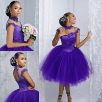 Wholesale Colorful Wedding Dresses A line Boho For Africa Bridal Gowns High Neck Backless Short Tulle Pre Wedding Photo Show