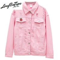 Wholesale Women s Jackets Korean Fashion Cherry Deduction Hole Denim Women Spring Plus Size Pink Ladies Jeans Jacket Student Basic Outerwear