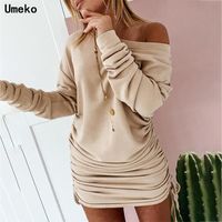 Wholesale Casual Dresses Fashion Spring Autumn One Shoulder Dress Women Mini Long Sleeve Pleated High Waist Sexy Solid Color Party Loose Skirt Korean
