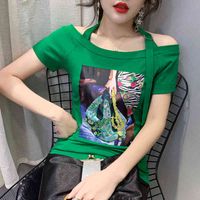 Wholesale Women s T Shirt Female cotton T shirt with sequins cleavage slash back naked sexy naked shoulder ladies clothes summer WQPI