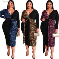 Wholesale Women Designers Clothes Leopard Print Color Matching Deep V Bag Hip Tight Belt Long Large Women s Dress