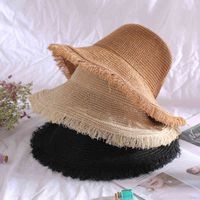 Wholesale Holiday Foldable Beach Sun Hats For Women Wide Brim Female Straw Visor Cap With Tassel Dm1248