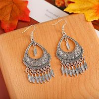 Wholesale Stud Thailand Gypsy Jewelry Alloy Silver Color Large Hollow Pendant Feather Tassel Earrings