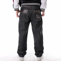 Wholesale Men s Jeans Loose Hip Hop Denim Plus Large Size Black Pants For Skateboard Leather Embroidery Hiphop Lengthen Trousers