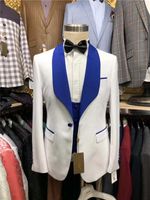 Wholesale Custom Made Groomsmen White Groom Tuxedos Shawl Royal Blue Lapel Men Suits Wedding Prom Dinner Best Man Blazer Jacket Pants Tie Vest G243