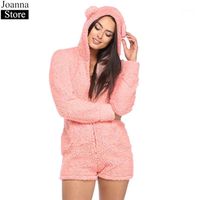Wholesale Women s Jumpsuits Rompers Autumn Winter Women Hooded Cute Plush Ears One Piece Home Service Long Sleeve Furry Female Plus Size Teddy Cloth