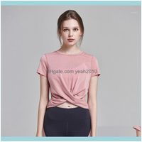 Wholesale Yoga Exercise Wear Athletic Outdoor Apparel Sports Outdoorsyoga Outfits Cute Front Cross T Shirts Short Sleeve Fitness Clothing Women Gym