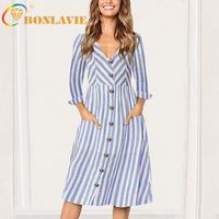 Wholesale Casual Dresses Women Fashion Dress Full Sleeve Stripe Print Pattern Mid Length V neck Color Yellow Red Blue Button Decoration A line