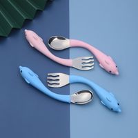 Wholesale 2Pce Set Baby Tableware Learn Eating Training Spoon Short Cartoon Whale Spoon Fork Set Baby Gadgets Children s Cutlery