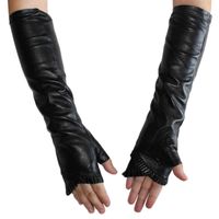 Wholesale Women Long Leather Gloves Black Fashion Sheepskin Velvet Silk Lining half finger gloves Autumn and winter
