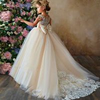 Wholesale Flower Girls Dresses For Wedding Jacket Sequined Lace Rose Gold Crystal Beads Ball Gown Birthday Party White First Communion Dress
