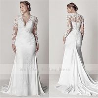 Wholesale Modest V Neck Lace Wedding Dresses Long Sleeve Illusion Appliques Mermaid Plus Size Bridal Gowns T200525