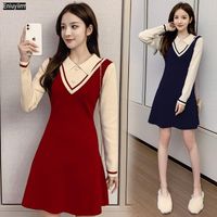 Wholesale Casual Dresses Women Winter Patchwork Cute Sweet Christmas Red Little Black Knitted Sweater Dress