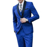 Wholesale Men s Suits Blazers Men Floral Wedding Groom Blazer Pant vest Pieces Designs Royal Blue Tuxedos Shawl Man Tuxedo Prom Stage Wear