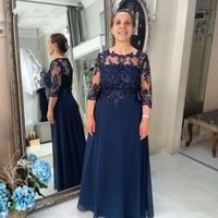 Wholesale Dark Navy Mother of The Bride Dresses Long Sleeve Appliques Chiffon Plus Size Women Wedding Guest Gowns Maid of Honor Dress