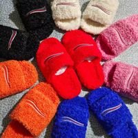 Wholesale Trendy Wool Slippers Women Solid Color Embroidery Flip Flop Winter Original Rubber Non slip Wear Resistant Bottom Indoor Sheep Leather Plush Sandals Box
