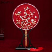 Wholesale Wedding Flowers JaneVini Chinese Elegant Red Lace Appliques Bridal Bouquet Fan Type Handmade Pearls Metal Round Accessories