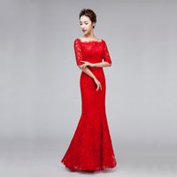 Wholesale Luxury bridal red Color Evening dress long formal neckline Lace bandage medium sleeve Women Gown Party Dresses