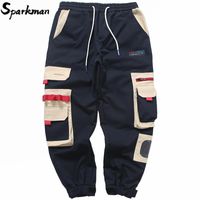 Wholesale Men s Pants Hip Hop Cargo Zipper Pocket Men Harajuku Joggers Streetwear Color Block Harem Casual Trousers Cotton Navy Blue
