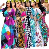Wholesale Summer clothing Women Plus size Dresses Long sleeve Skirts Sexy V neck Dress Maxi printed Skirt One piece Dress Hot Sale DHL
