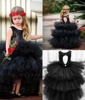 Wholesale Ruched Ruffles Tulle Short Black Flower Girl Dresses New Gothic Weddings Girl Pageant Party Gowns Jewel Neck Keyhole Back BC5590