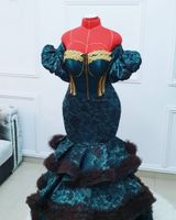 Wholesale Nigerian Aso Ebi Mermaid Prom Dresses Lace African Short Sleeves plus size Beading evening dress robe de soirée de mariage abiye