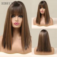 Wholesale Synthetic Wigs HENRY MARGU Bobo Short Straight Wig With Bangs Black Brown Layered Hair For Women Girls Dark Root Heat Resistant