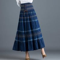 Wholesale Skirts Women Spring Autumn Pleated A Line Long Denim Lace Up Female Sexy National Wind Saias One Size Jeans Maxi Skirt K1250