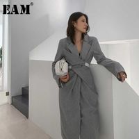 Wholesale EAM Women Gray Pleated Knot Long Elegant Dress V collar Sleeve Loose Fit Fashion Spring Summer W485