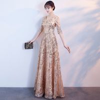 Wholesale Long Formal Elegant Evening Dresses Gold Color Vestidos Sequined Party Gown