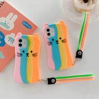 Wholesale Fashion Cat Rainbow Shockproof Soft Silicone Cases For iPhone Pro Max Mini XR XS X Plus Cute Beard D Ear Slim Colourful Mobile Phone Back Cover Skin With Strap
