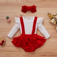 Wholesale Baby girls christmas party sets toddler kids falbala fly sleeve T shirt velvet suspender romper Bows headbands Xmas infant princess outfits Q2755