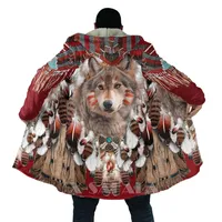 Wholesale Hoodie T Shirt Native Wolf Animal Feather Overcoat Coat All Over D Printed Thick Warm Hooded Cloak for Men Windproof Fleece Uni