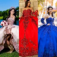 Wholesale 2021 Rose Gold Red Royal Blue Sequined Lace Quinceanera Dresses Ball Gown Off Shoulder Crystal Beads Sequins Sweetheart With Sleeves Party Dress Prom Evening Gowns