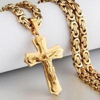Wholesale Pendant Necklaces Men Stainless Steel Crucifix Jesus Cross Necklace Gold Color Heavy Byzantine Chain Male Religious Jewelry Gift