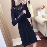 Wholesale Women s Sweaters Elegant Appliques Women Sweater Dress Spring2021Knitted Pullovers Long Female Pearls Slim Stand Collar Basic Knitwear M359
