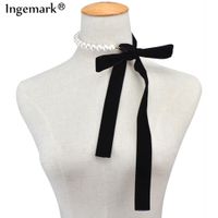 Wholesale Necklaces Pendants Punk Long Wide Black Velvet Ribbon Choker Bow Tie Simulated Pearl Beads Charm Collar Necklace Gothic Jewelry Year Gifts