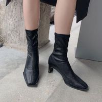 Wholesale Boots Fashion Women Ankle Sock Botas Thick Mid Heels Black Beige White Slip On Stretch Booties Square Toe Party Wedding Pumps