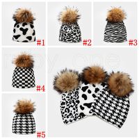 Wholesale Unisex Cute Cow Leopard Zebra Print Beanie Hat with Detachable Pompom Thicken Double Layer Warm Knit Skull Cap RRA4512