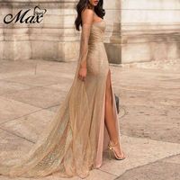 Wholesale Casual Dresses Max Spri Sexy Off Shoulder Long Sleeves Mesh Apricot Maxi Dress Slit Sweetheart Neckline Sequins Sparkling Outfit